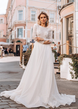 Long Sleeves Ivory Sparkle Tulle Wedding Dress
